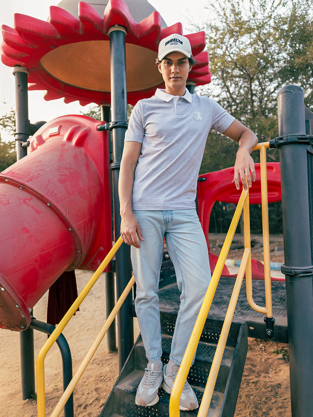 Men Grey Solid Cotton Polo T-Shirt