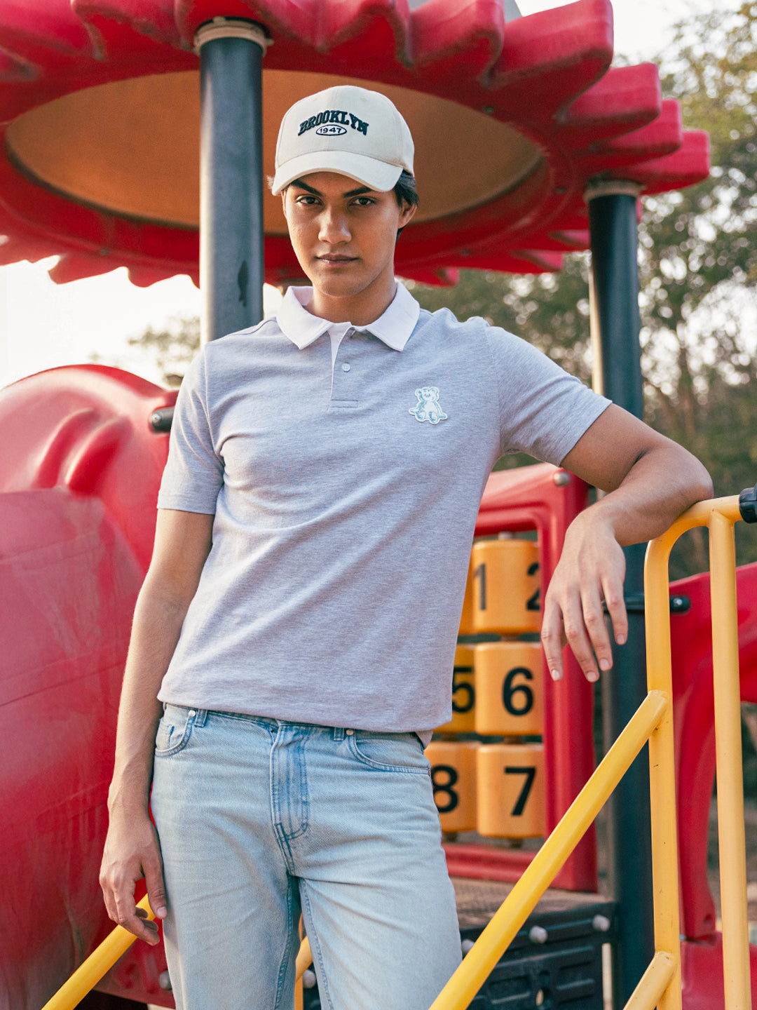 Men Grey Solid Cotton Polo T-Shirt