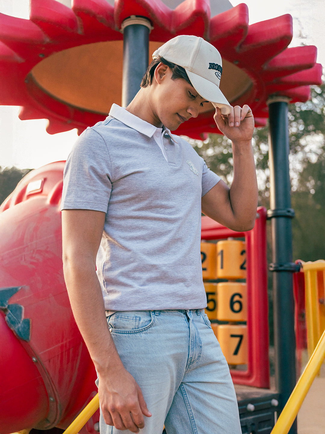 Men Grey Solid Cotton Polo T-Shirt