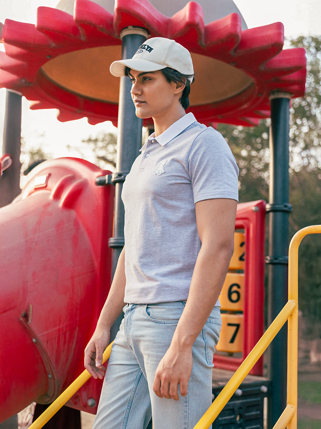 Men Grey Solid Cotton Polo T-Shirt