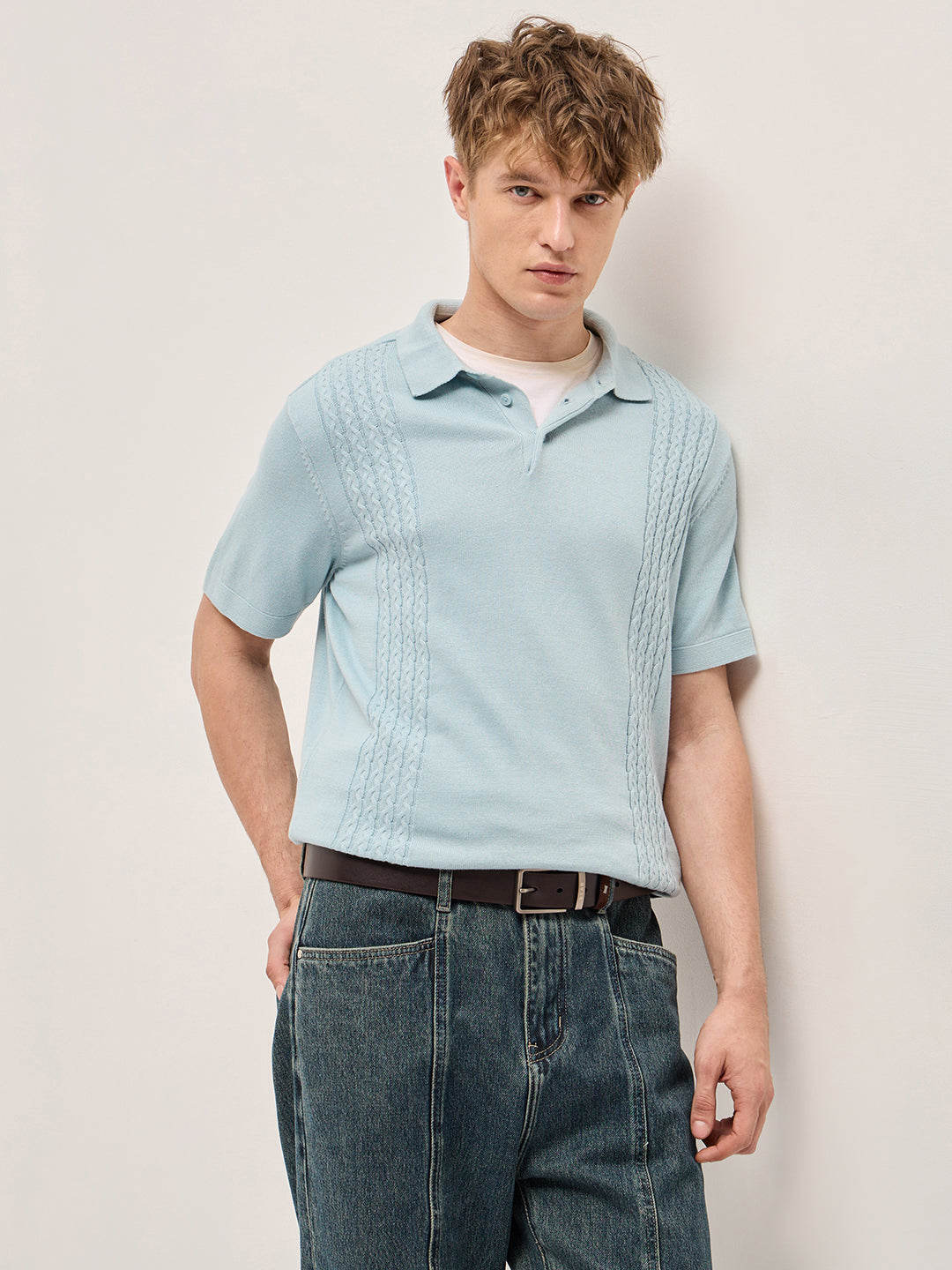 Men Blue Cable Knit Texture Design Slim Fit Polo