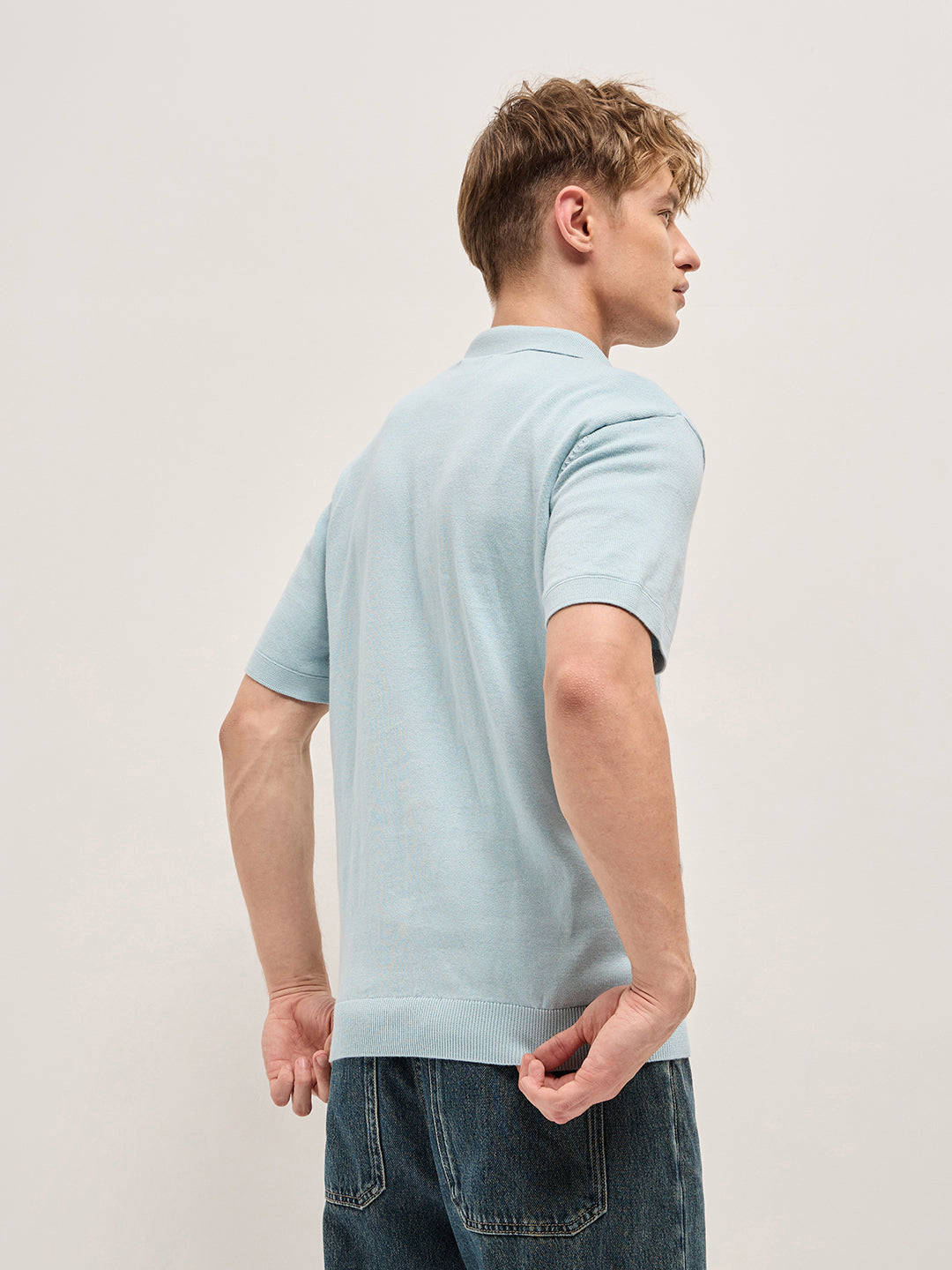 Men Blue Cable Knit Texture Design Slim Fit Polo