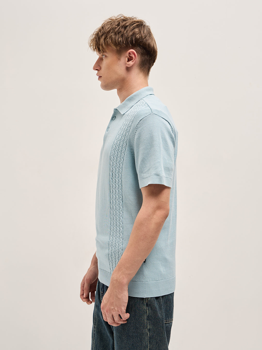 Men Blue Cable Knit Texture Design Slim Fit Polo