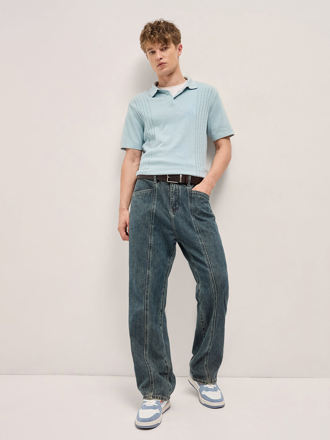 Men Blue Cable Knit Texture Design Slim Fit Polo