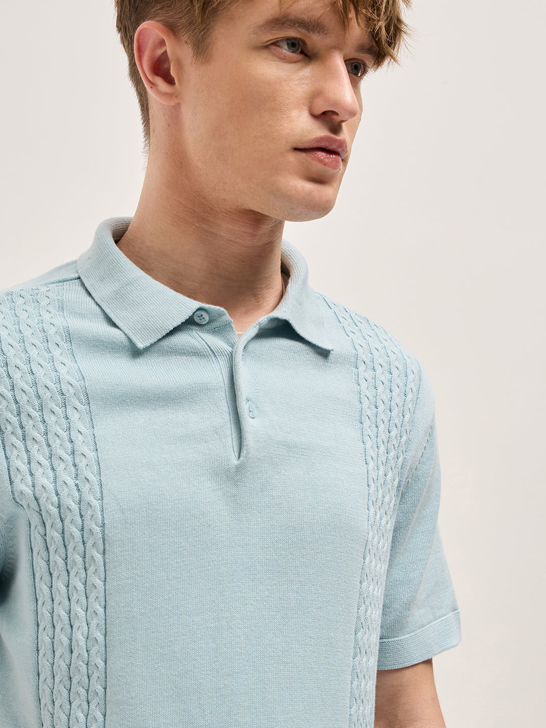 Men Blue Cable Knit Texture Design Slim Fit Polo
