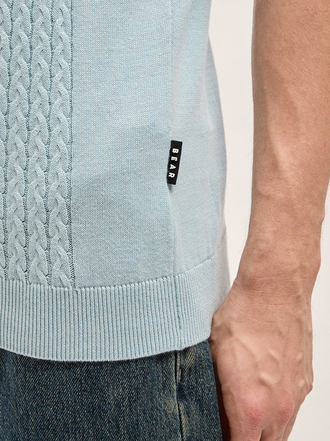 Men Blue Cable Knit Texture Design Slim Fit Polo