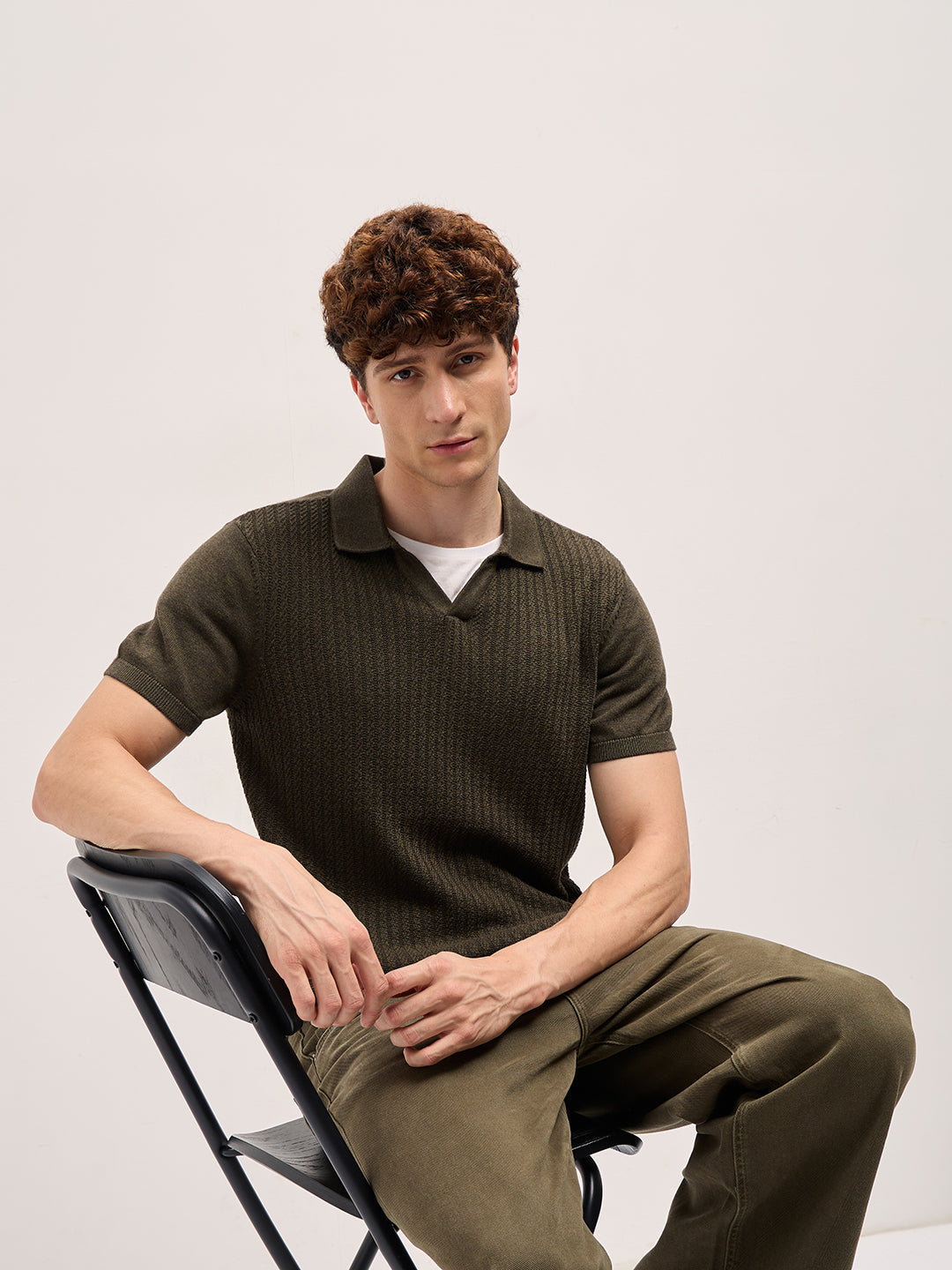 Men Dark Green Ribbed Texture Design Slim Fit Polo