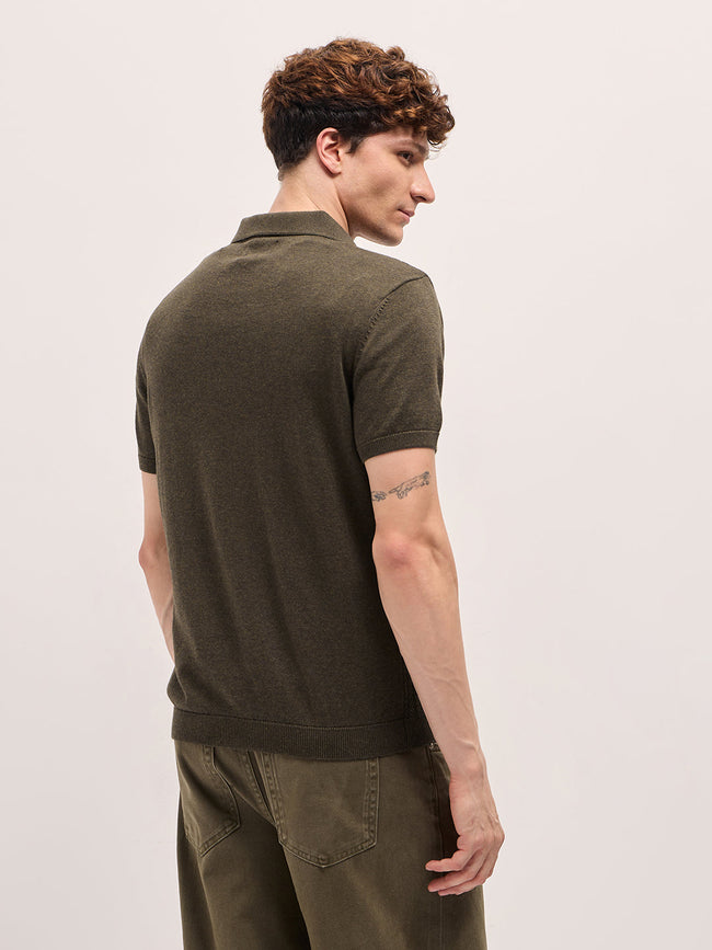 Men Dark Green Ribbed Texture Design Slim Fit Polo