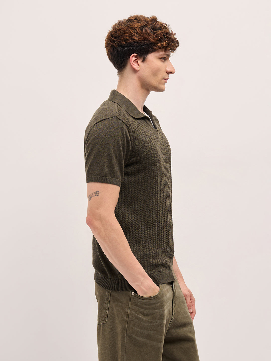 Men Dark Green Ribbed Texture Design Slim Fit Polo