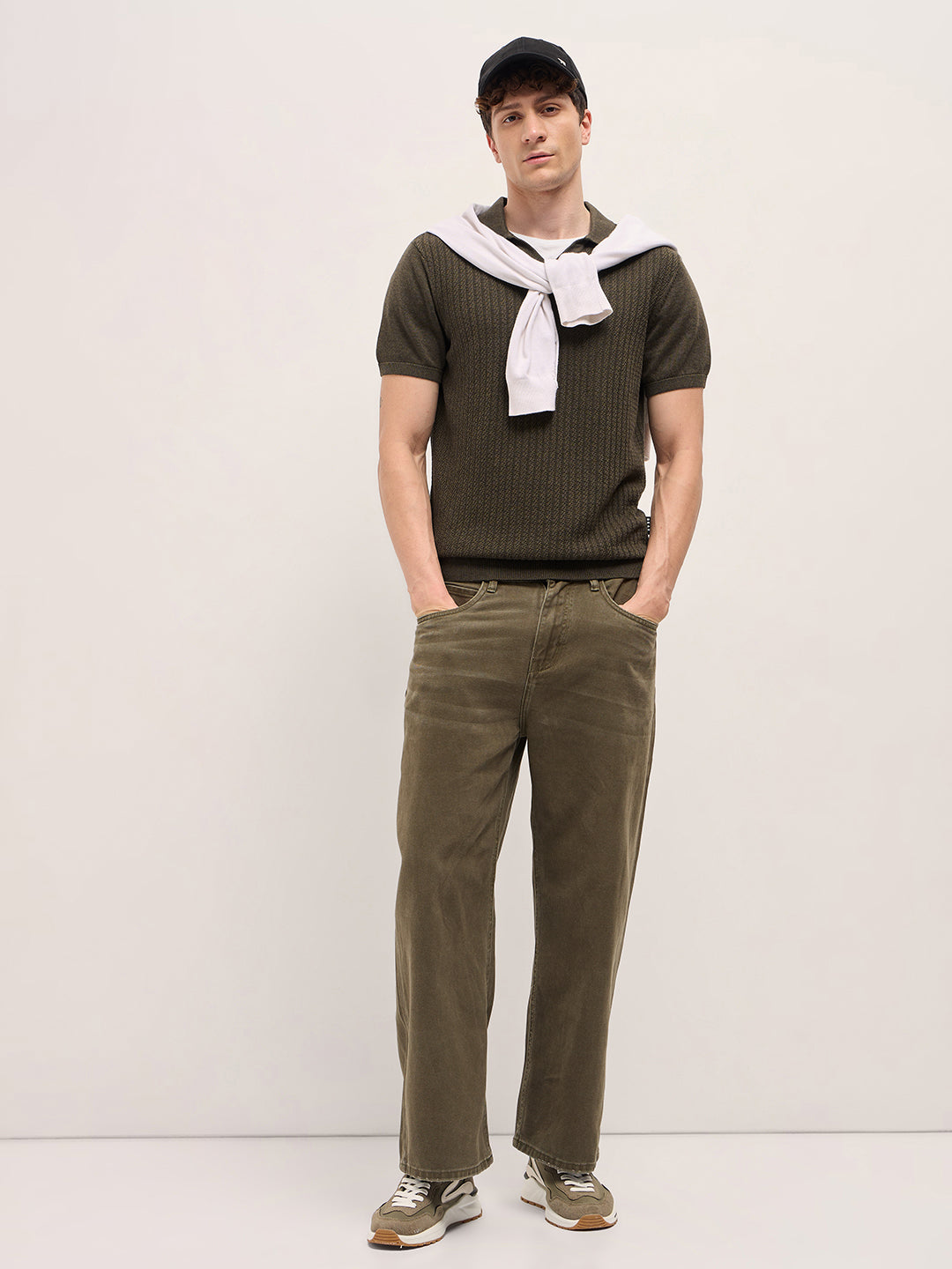 Men Dark Green Ribbed Texture Design Slim Fit Polo