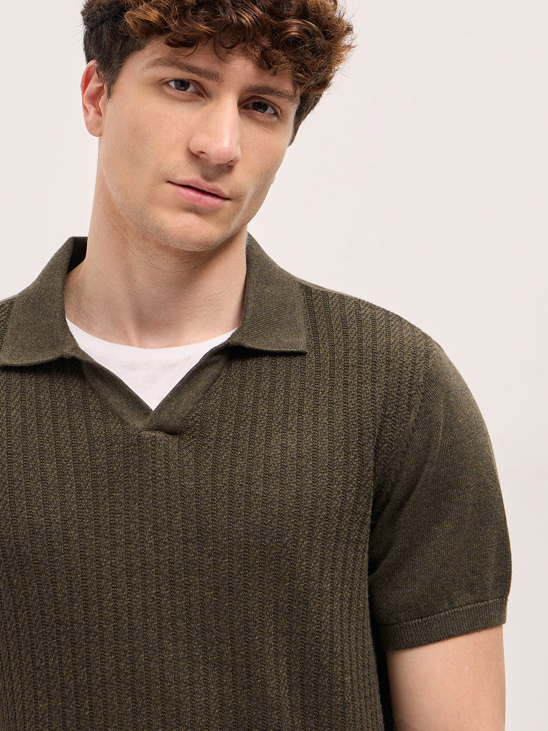 Men Dark Green Ribbed Texture Design Slim Fit Polo