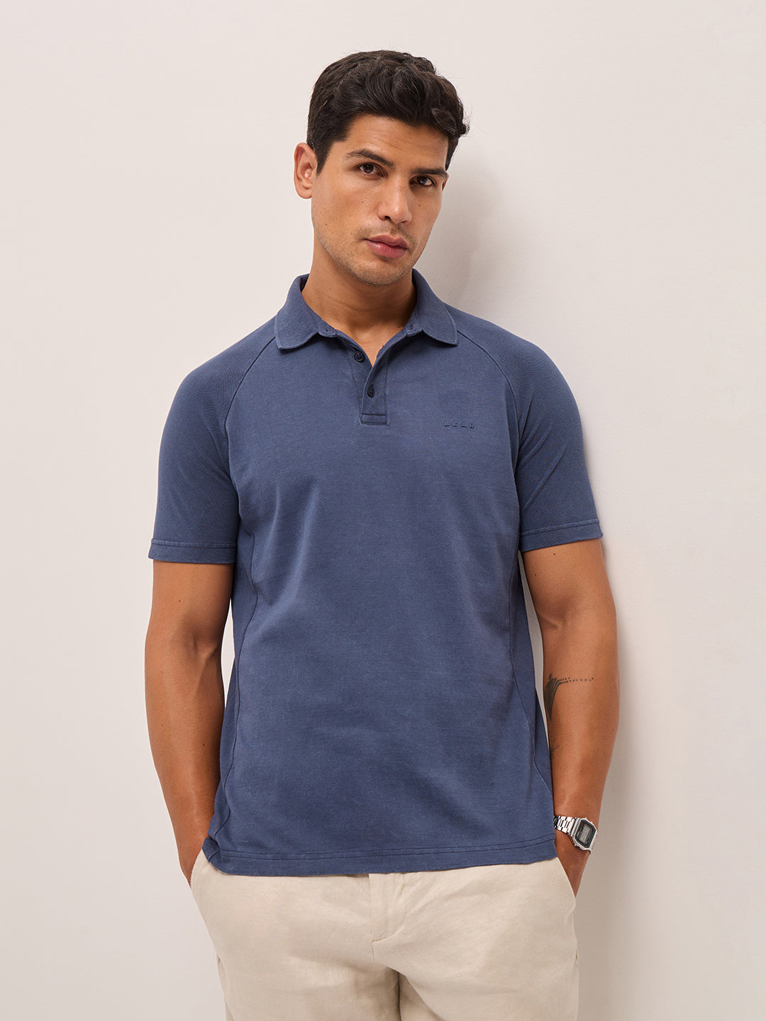 Men Blue Solid Regular Fit Polo Collar T-shirt