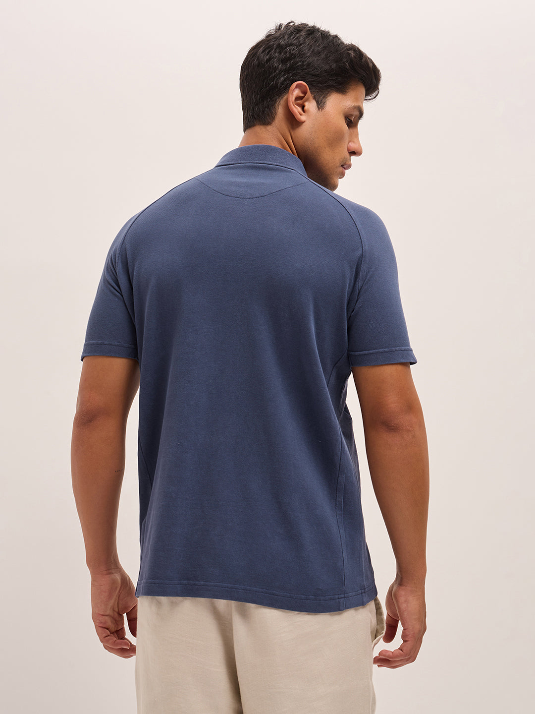 Men Blue Solid Regular Fit Polo Collar T-shirt