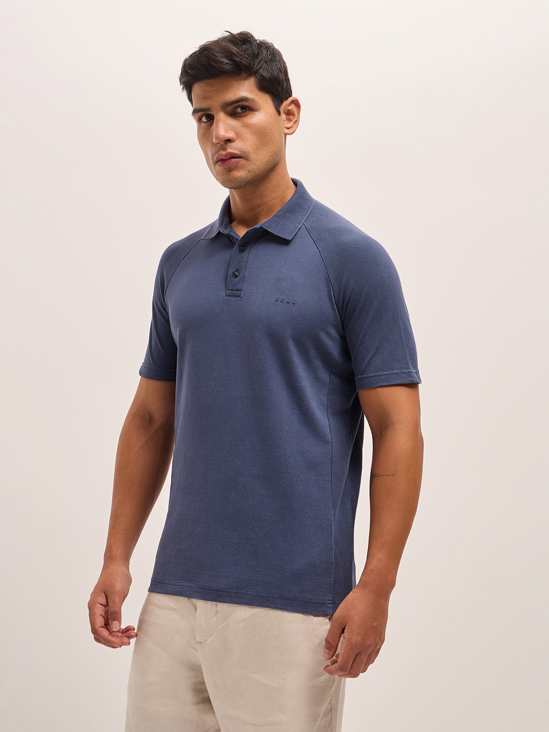 Men Blue Solid Regular Fit Polo Collar T-shirt