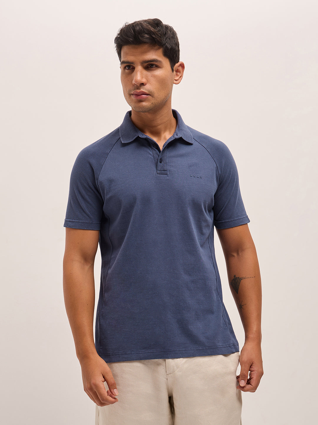 Men Blue Solid Regular Fit Polo Collar T-shirt