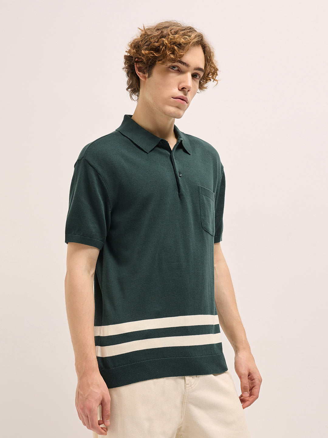 Men Forest Green Solid Regular Fit Polo