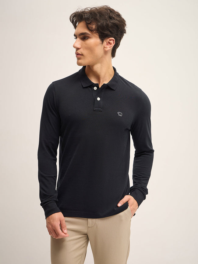 Men Black Solid Regular Fit Polo Collar T-shirt