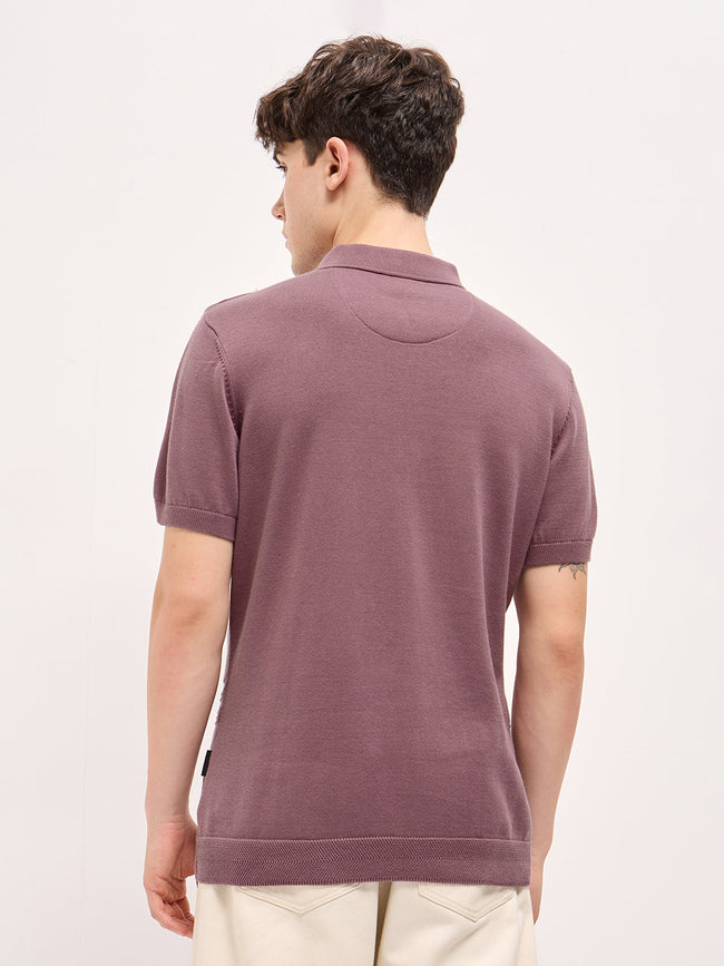 Men Pink Horizontal Textured Knit Regular Fit Polo T-shirt