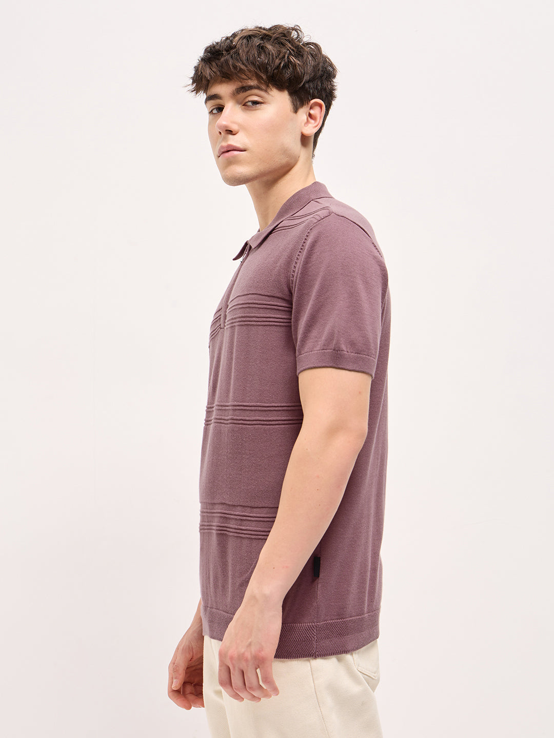 Men Pink Horizontal Textured Knit Regular Fit Polo T-shirt