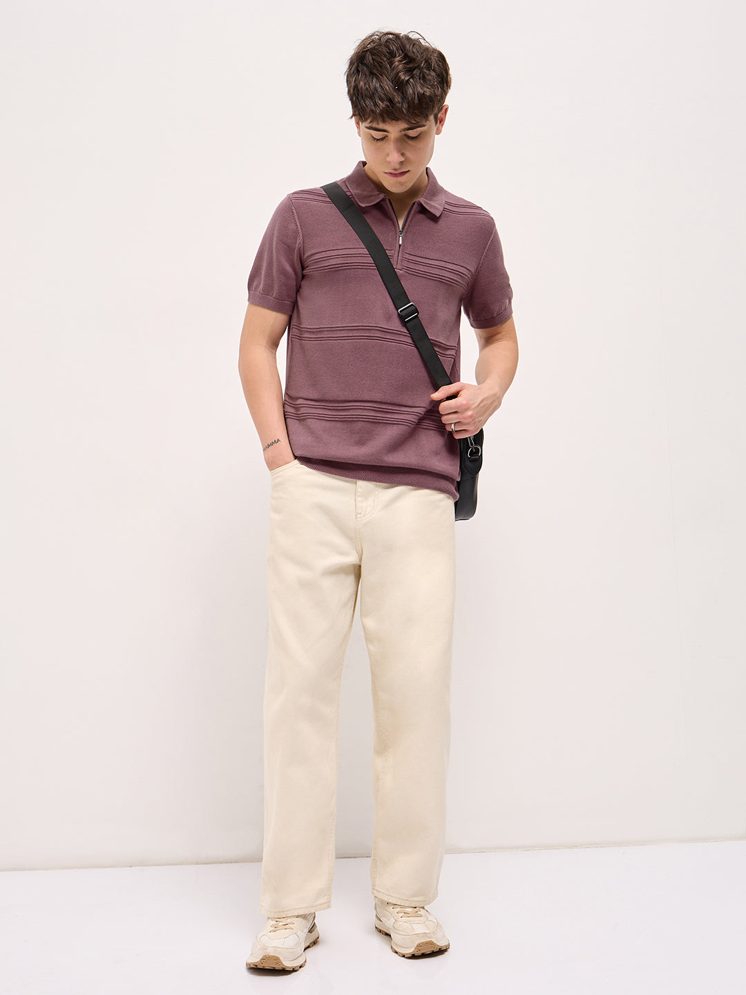 Men Pink Horizontal Textured Knit Regular Fit Polo T-shirt