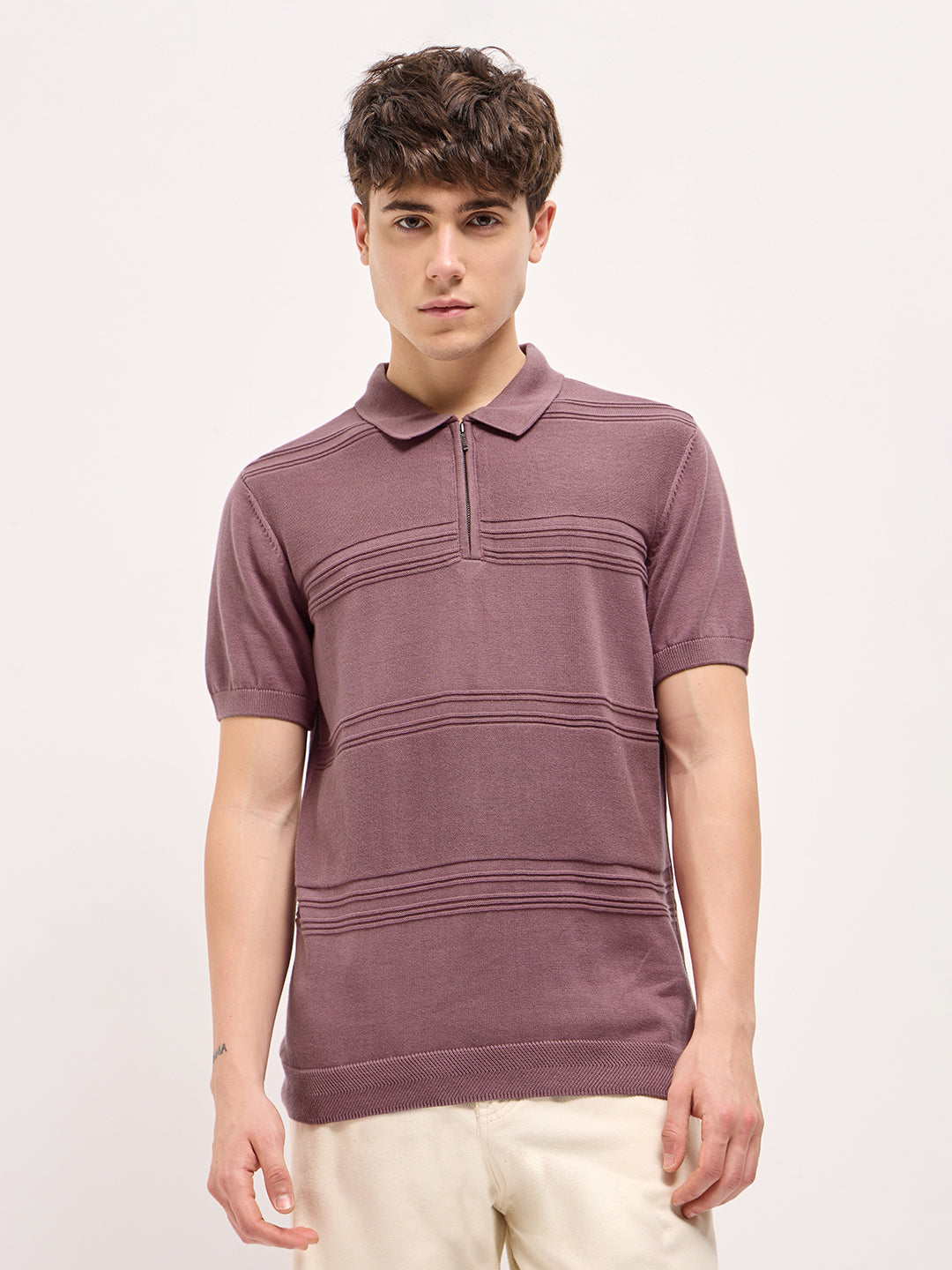 Men Pink Horizontal Textured Knit Regular Fit Polo T-shirt