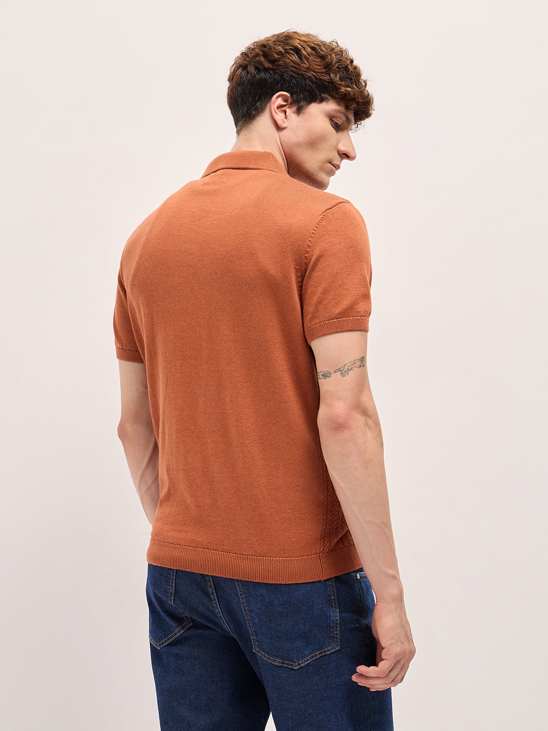 Men Orange Ribbed Texture Design Slim Fit Polo