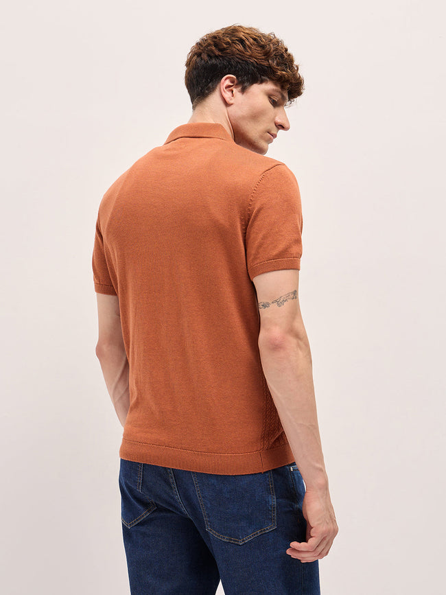 Men Orange Ribbed Texture Design Slim Fit Polo