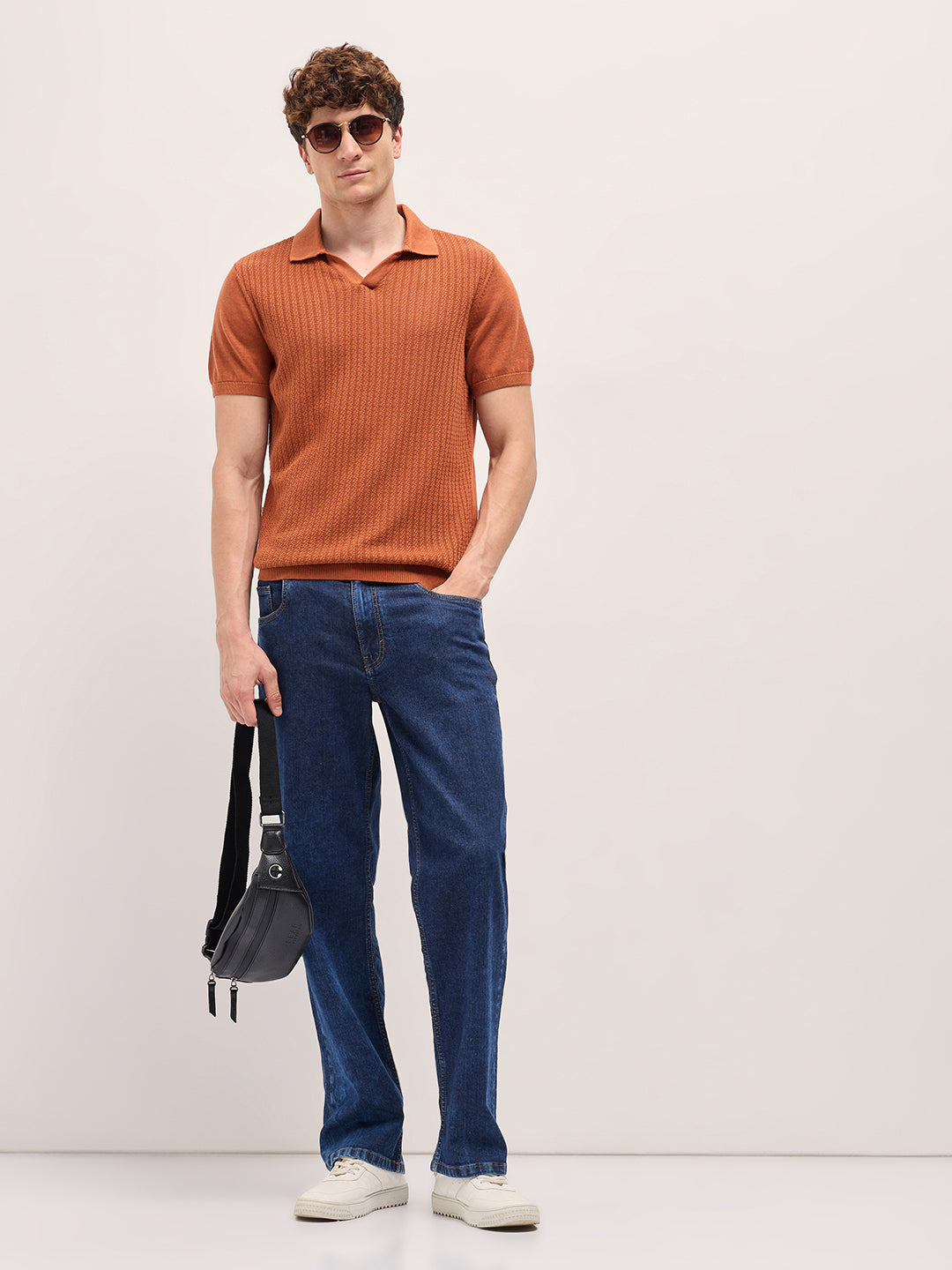 Men Orange Ribbed Texture Design Slim Fit Polo