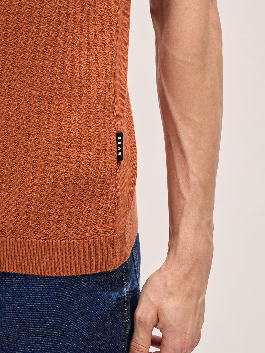 Men Orange Ribbed Texture Design Slim Fit Polo