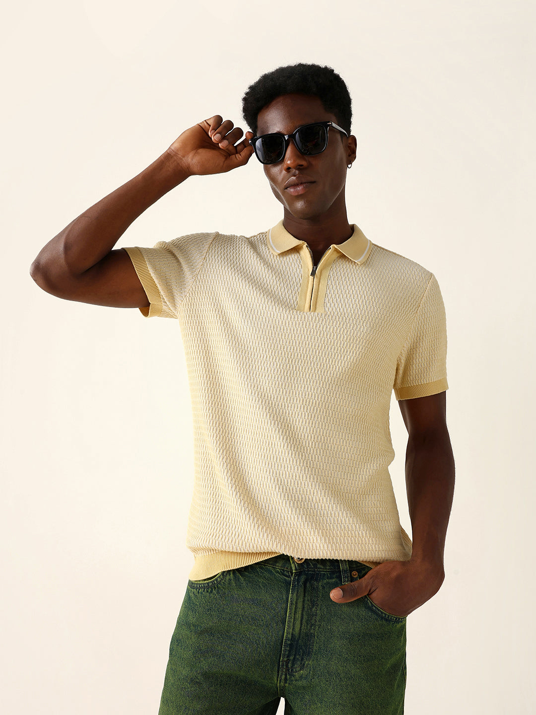Men Yellow Self Design Cotton Polo