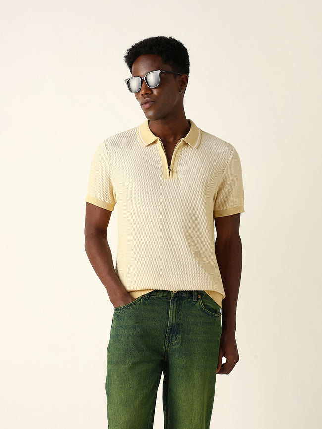 Men Yellow Self Design Cotton Polo