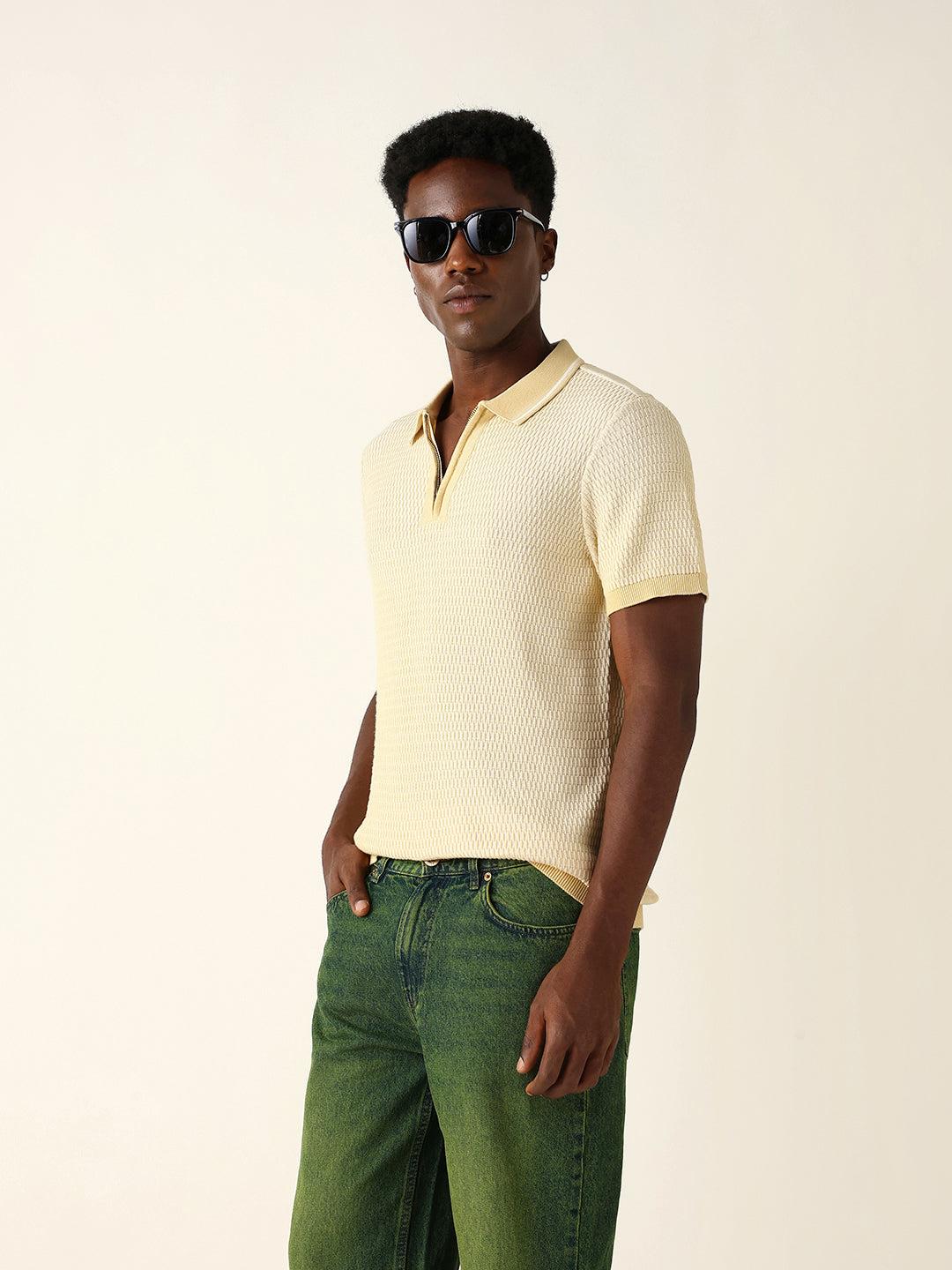 Men Yellow Self Design Cotton Polo