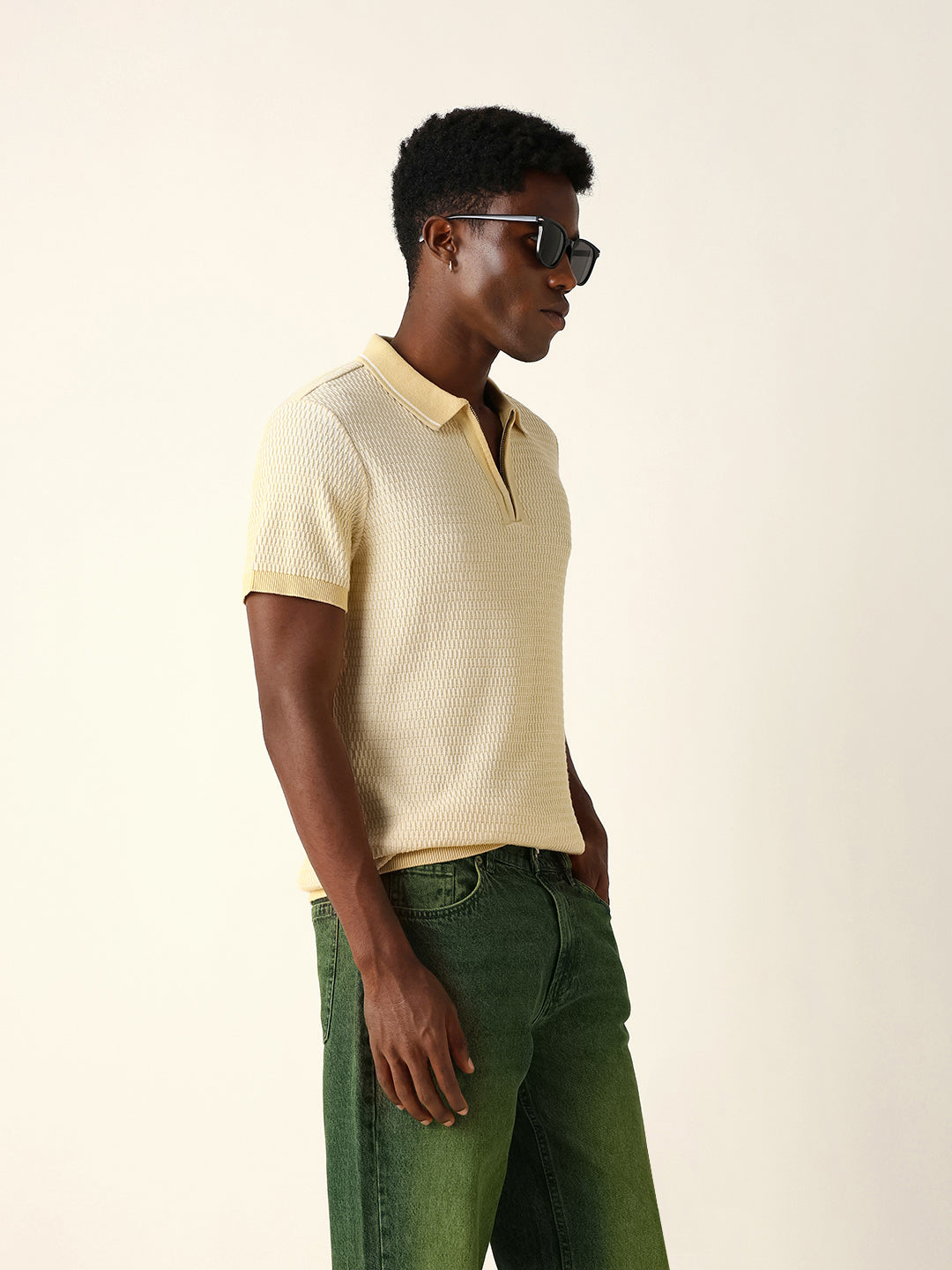 Men Yellow Self Design Cotton Polo