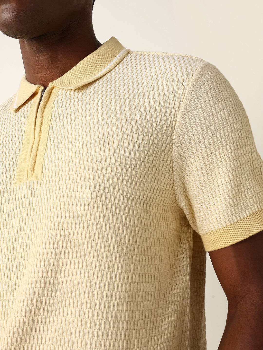 Men Yellow Self Design Cotton Polo