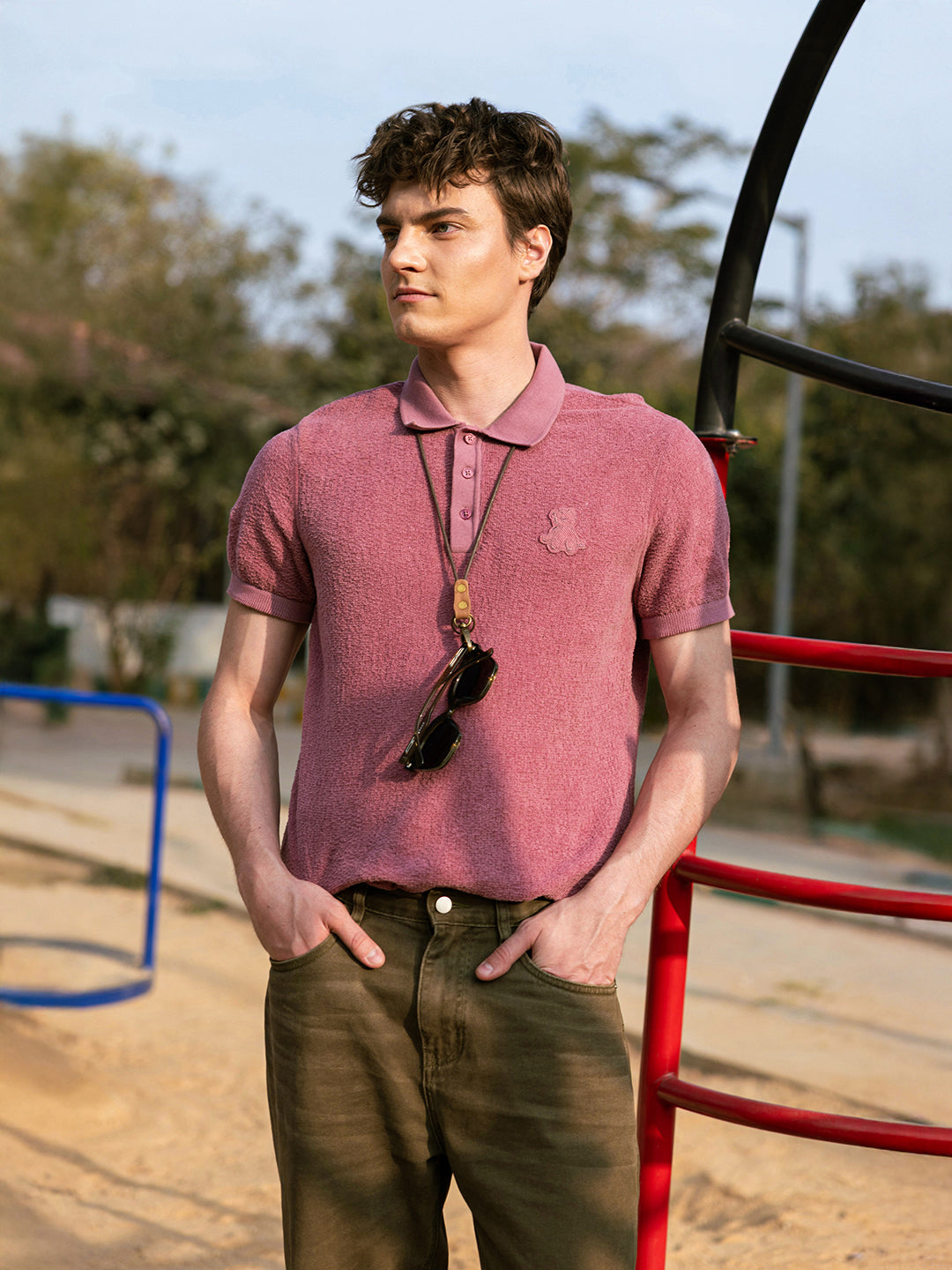 Men Pink Textured Cotton Polo T-Shirt