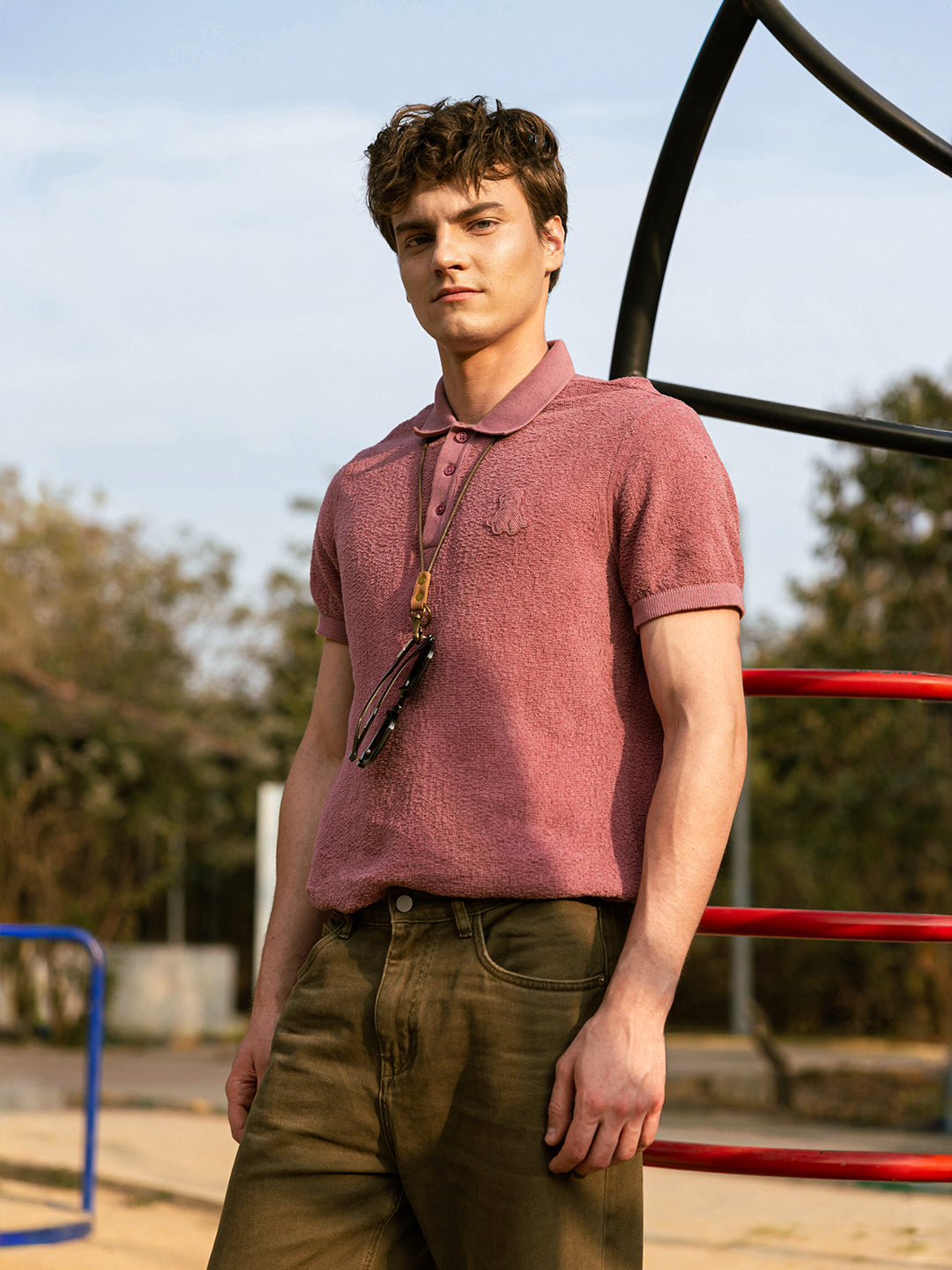 Men Pink Textured Cotton Polo T-Shirt