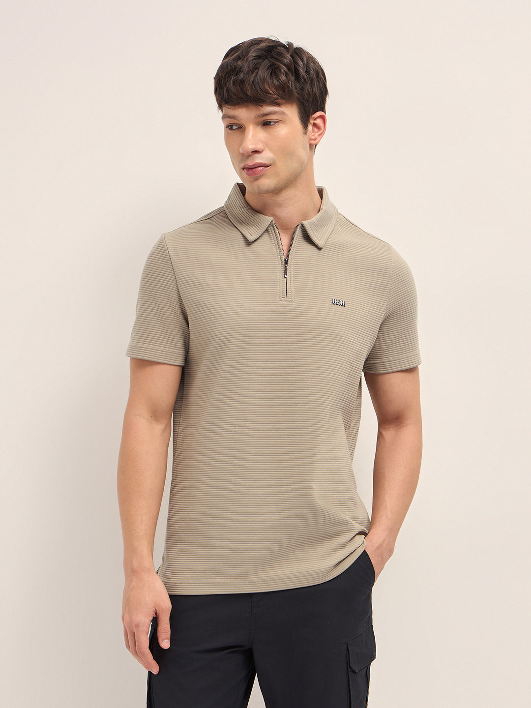 Men Cotton Knitted Striped Polo T-Shirt