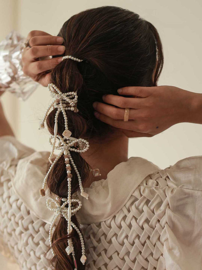 White Diva Drapes Crystal & Pearl Tassels - Parandi