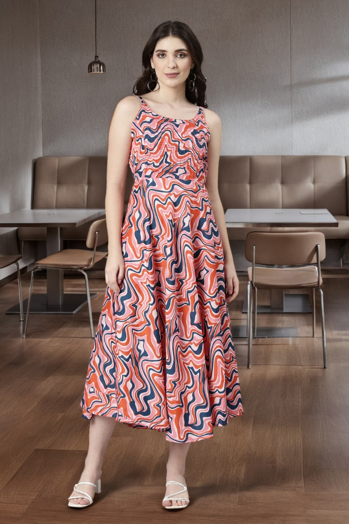 Women Cream Abstract Print Fit & Flare Midi Dress