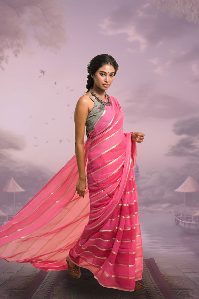 Pankhuri Red and Pink Handloom Mul Cotton Saree with Zari Stripes