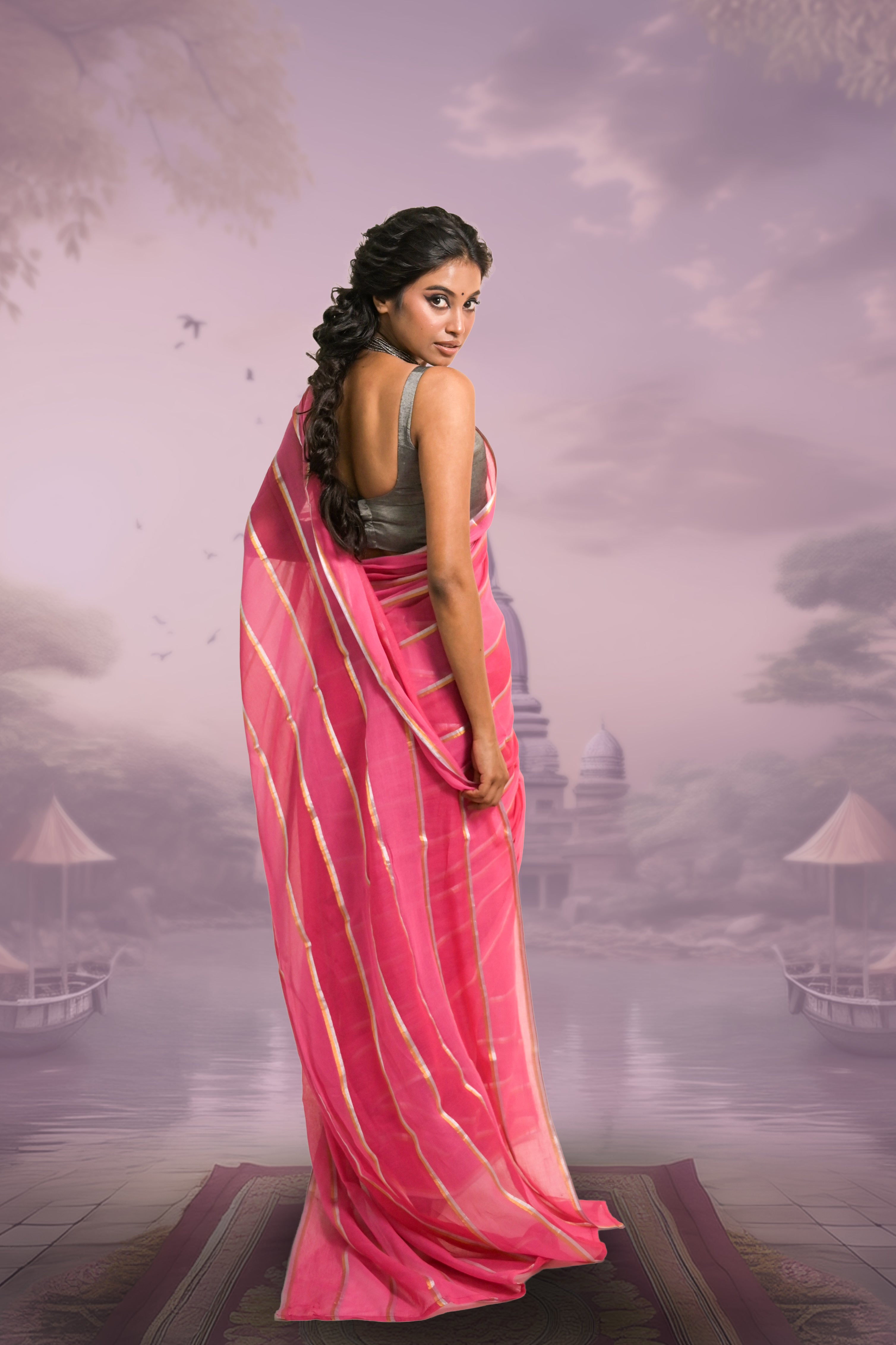 Pankhuri Red and Pink Handloom Mul Cotton Saree with Zari Stripes