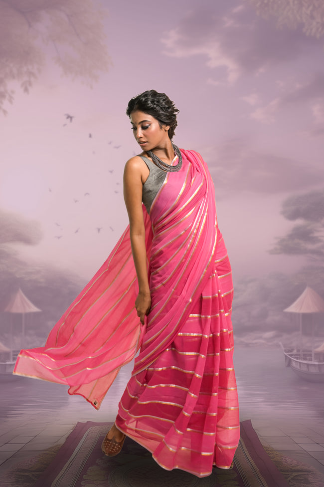 Pankhuri Red and Pink Handloom Mul Cotton Saree with Zari Stripes