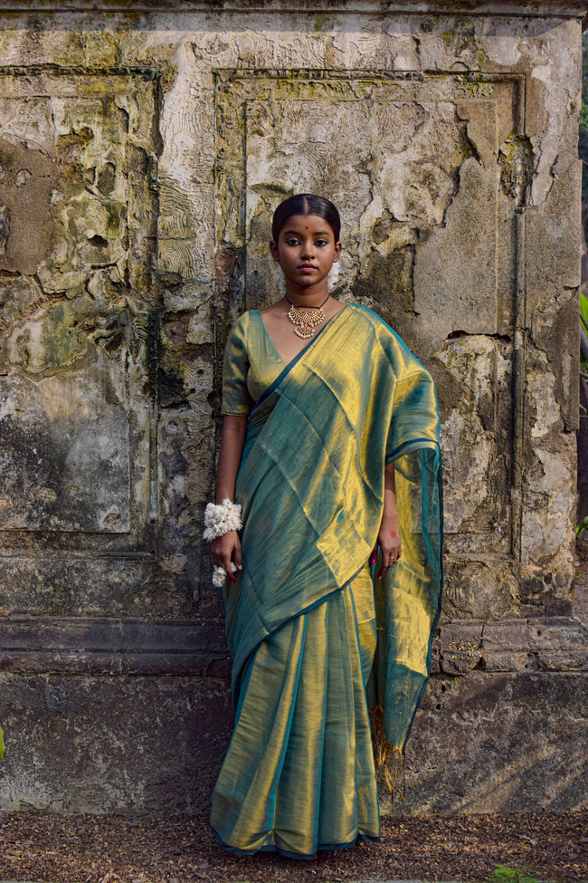 Pataka Seagreen Dual tone Tissue Saree