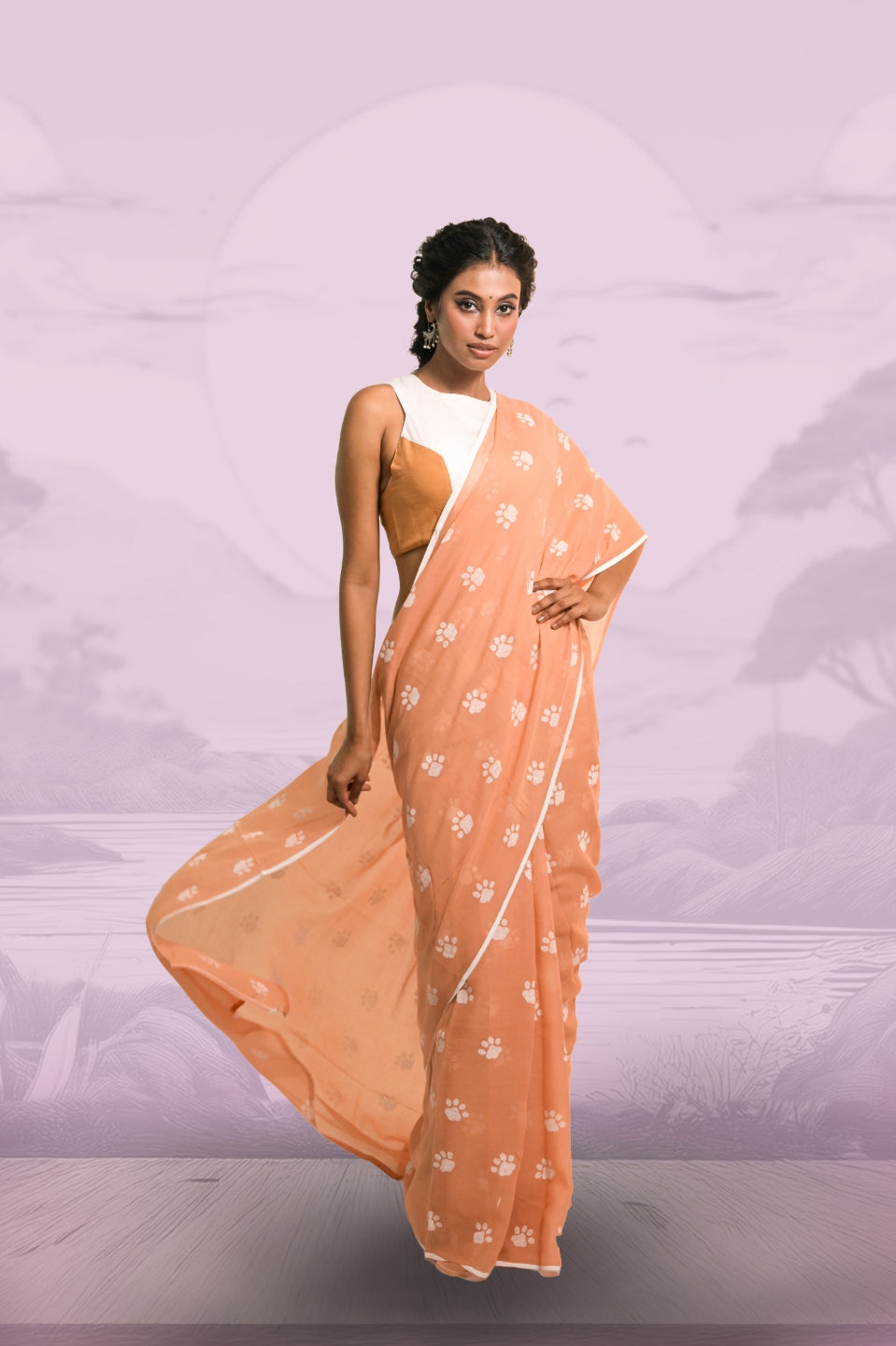 Paw-radise Mocha Handloom Mul Cotton Saree with Handblock-Printed Paw Motifs