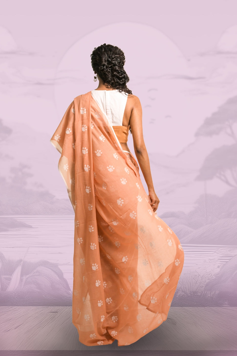 Paw-radise Mocha Handloom Mul Cotton Saree with Handblock-Printed Paw Motifs
