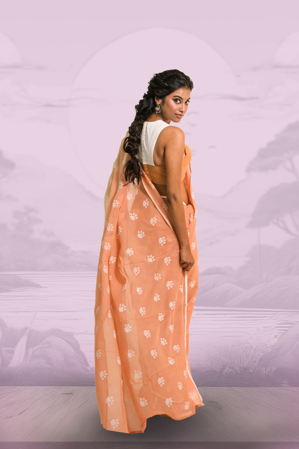 Paw-radise Mocha Handloom Mul Cotton Saree with Handblock-Printed Paw Motifs