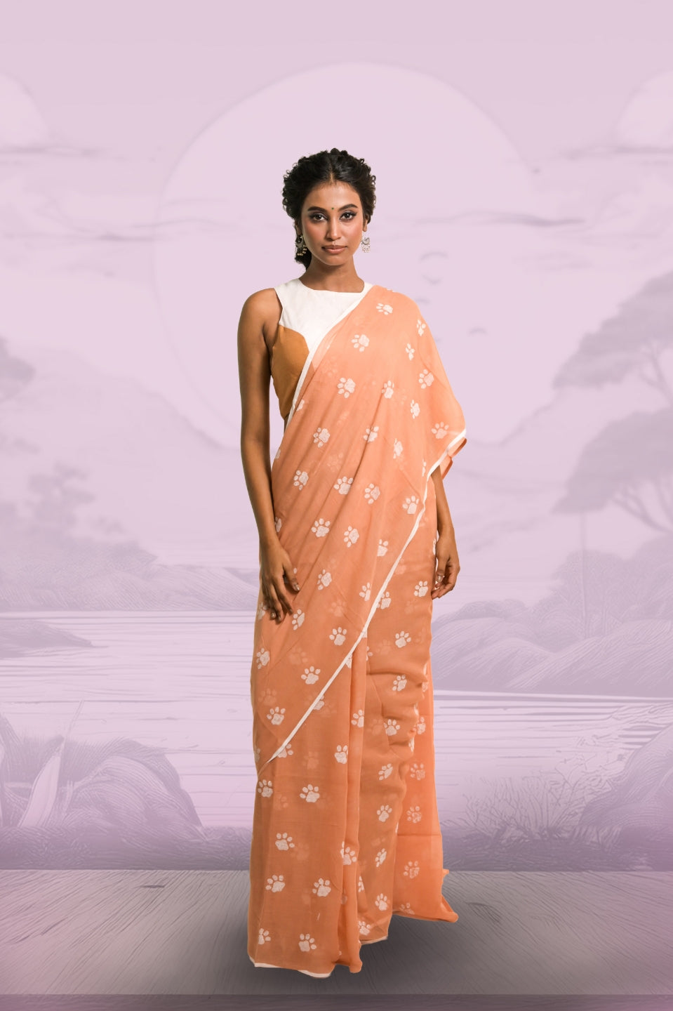 Paw-radise Mocha Handloom Mul Cotton Saree with Handblock-Printed Paw Motifs