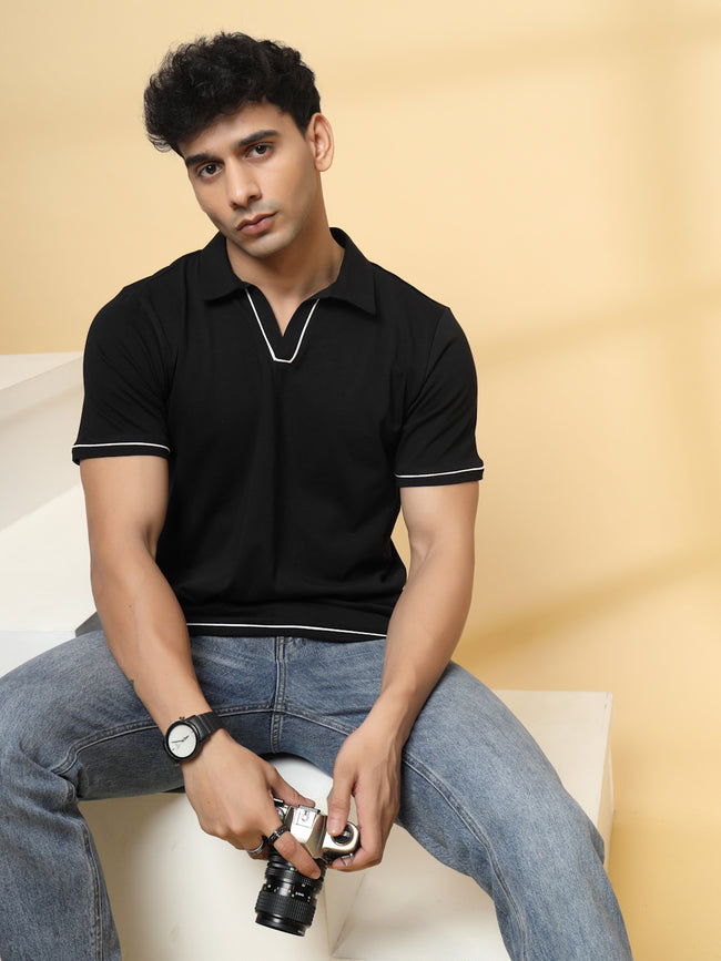 Men Black Polo T-Shirt With Contrast Piping