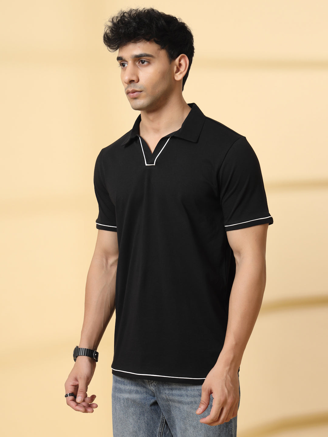 Men Black Polo T-Shirt With Contrast Piping