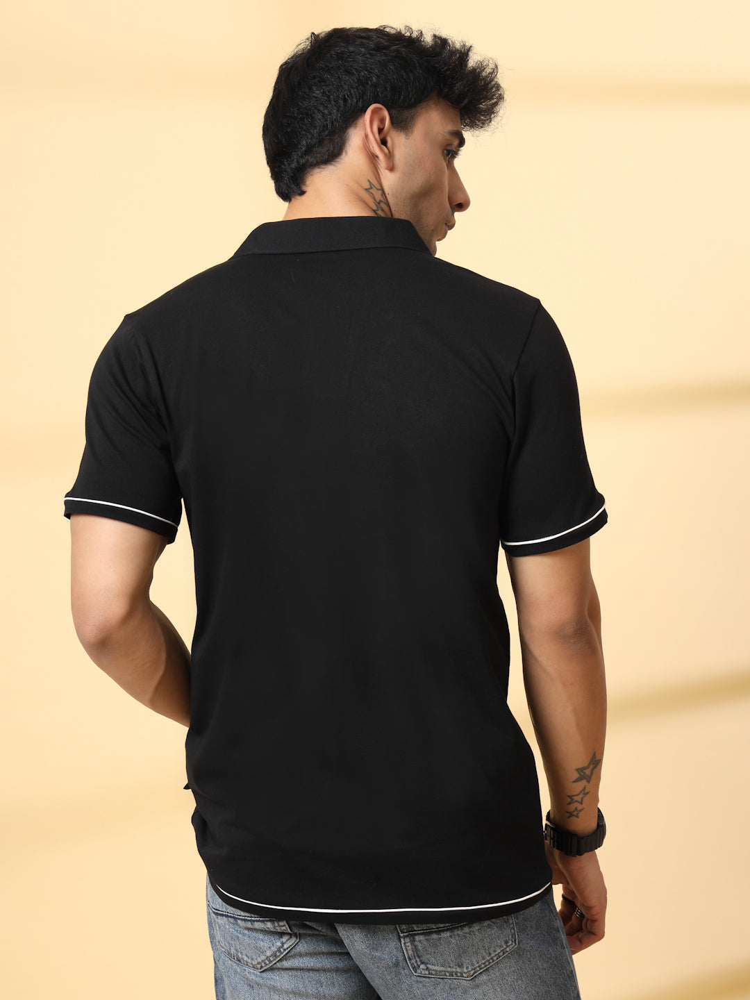 Men Black Polo T-Shirt With Contrast Piping